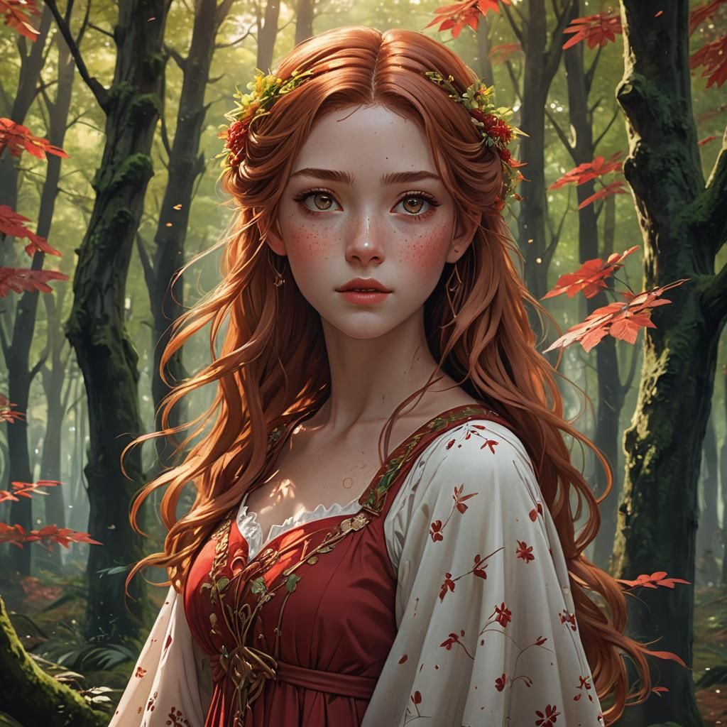 Anime Girl Portrait in Mystical Forest, Digital Art