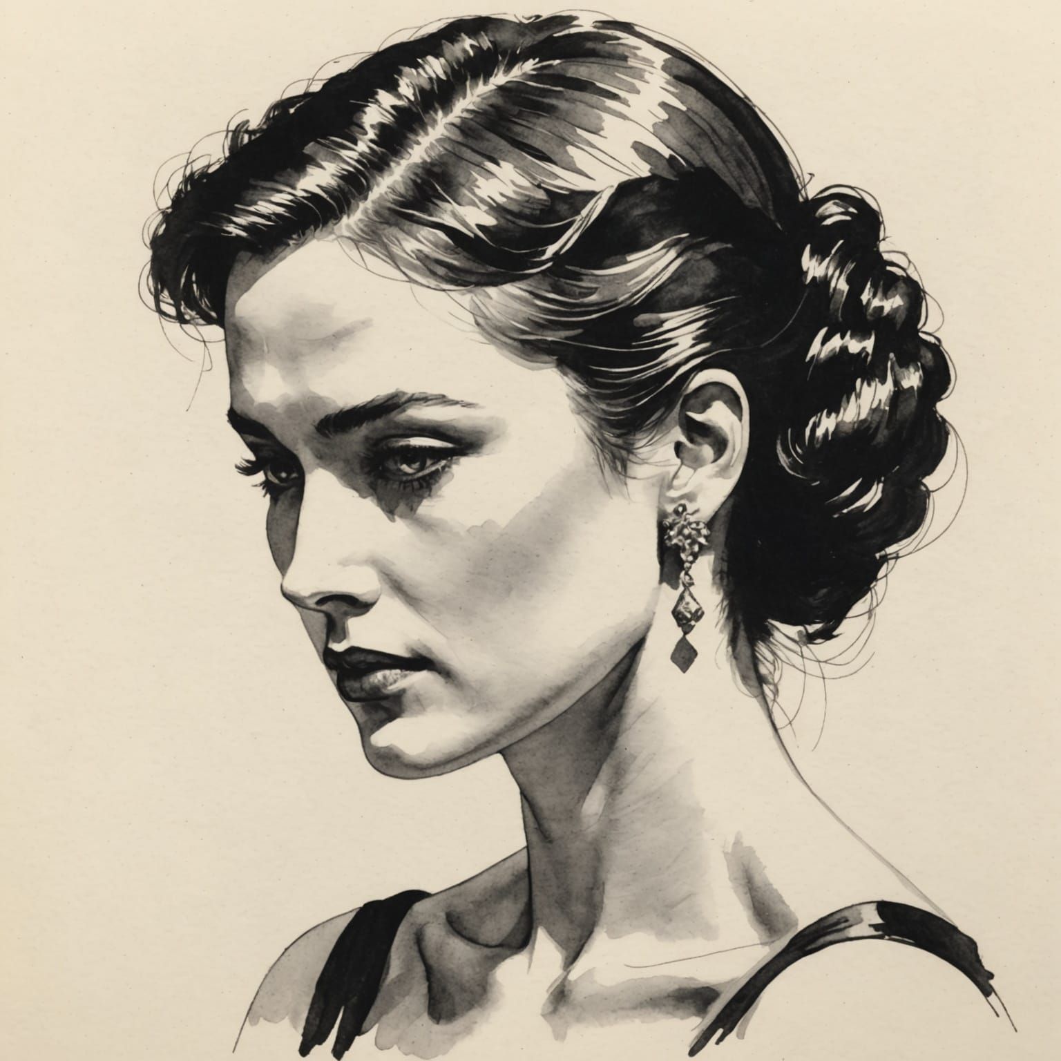 Elegant Woman's Head and Shoulders in Ink Drawing