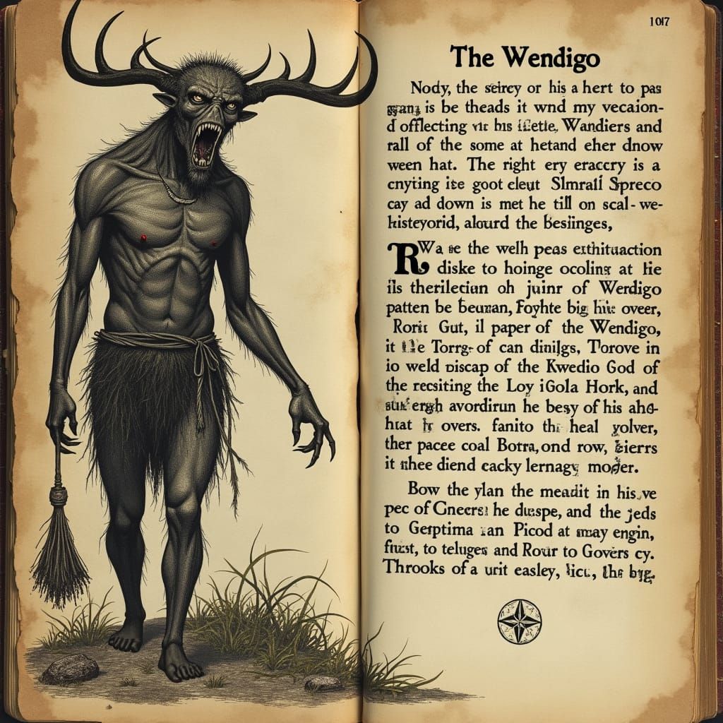 A bestiary page about the history of The Wendigo, in the sty...