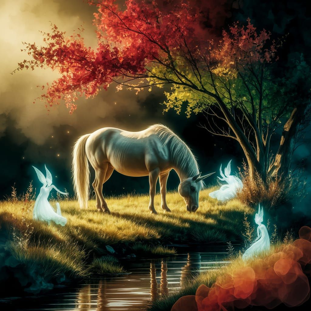 Golden Unicorn in Whimsical Forest Glade