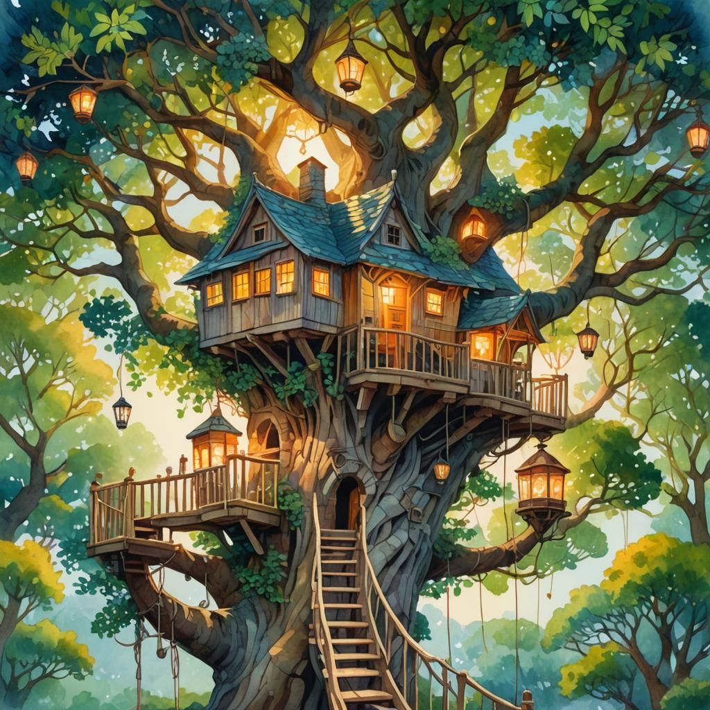 Magical Treehouse: Whimsical Watercolor Kid's Illustration