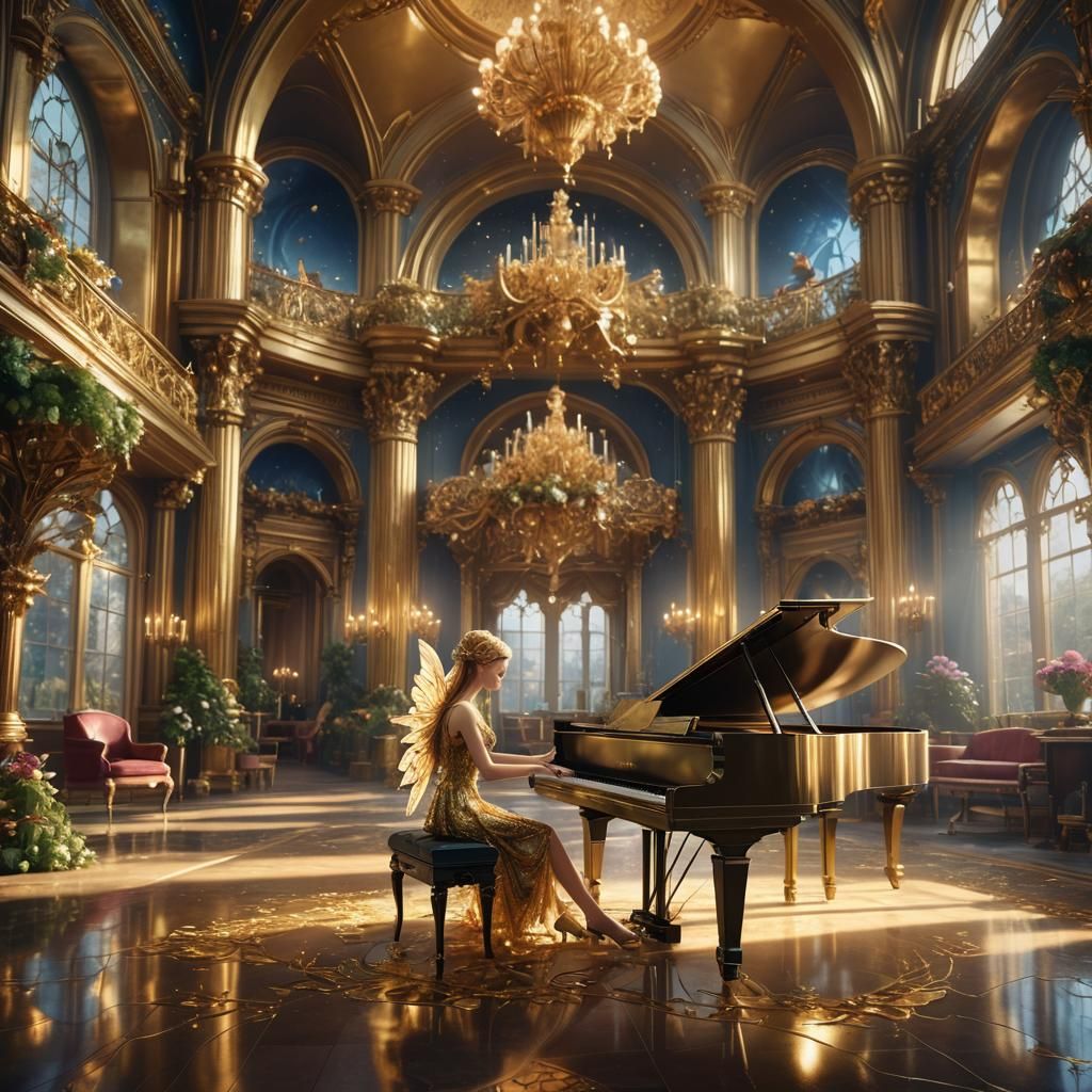 Fairy Pianist in Golden Room: Fantasy Concept Art