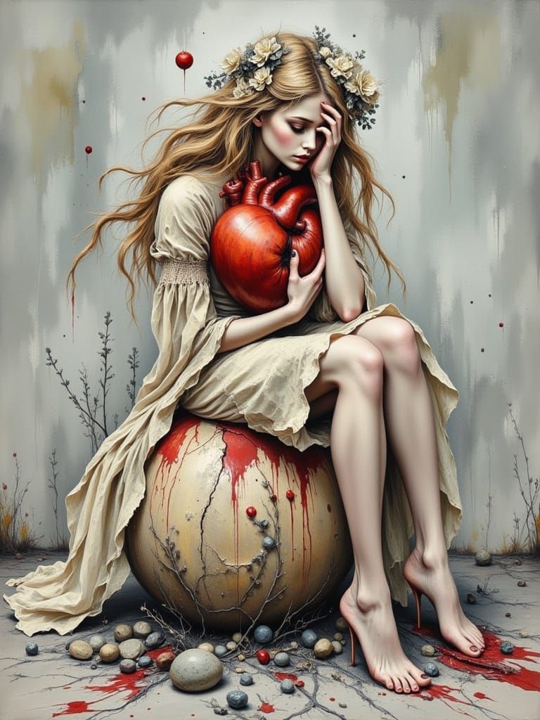 Ethereal Woman Holds Bleeding Heart in Surreal Painting