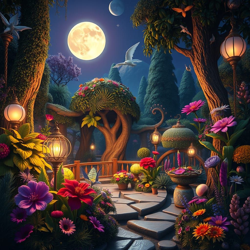 Luminous Moonlit Feast in an Enchanted Garden