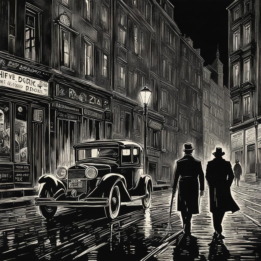 Cyberpunk Street Scene in Film Noir Style