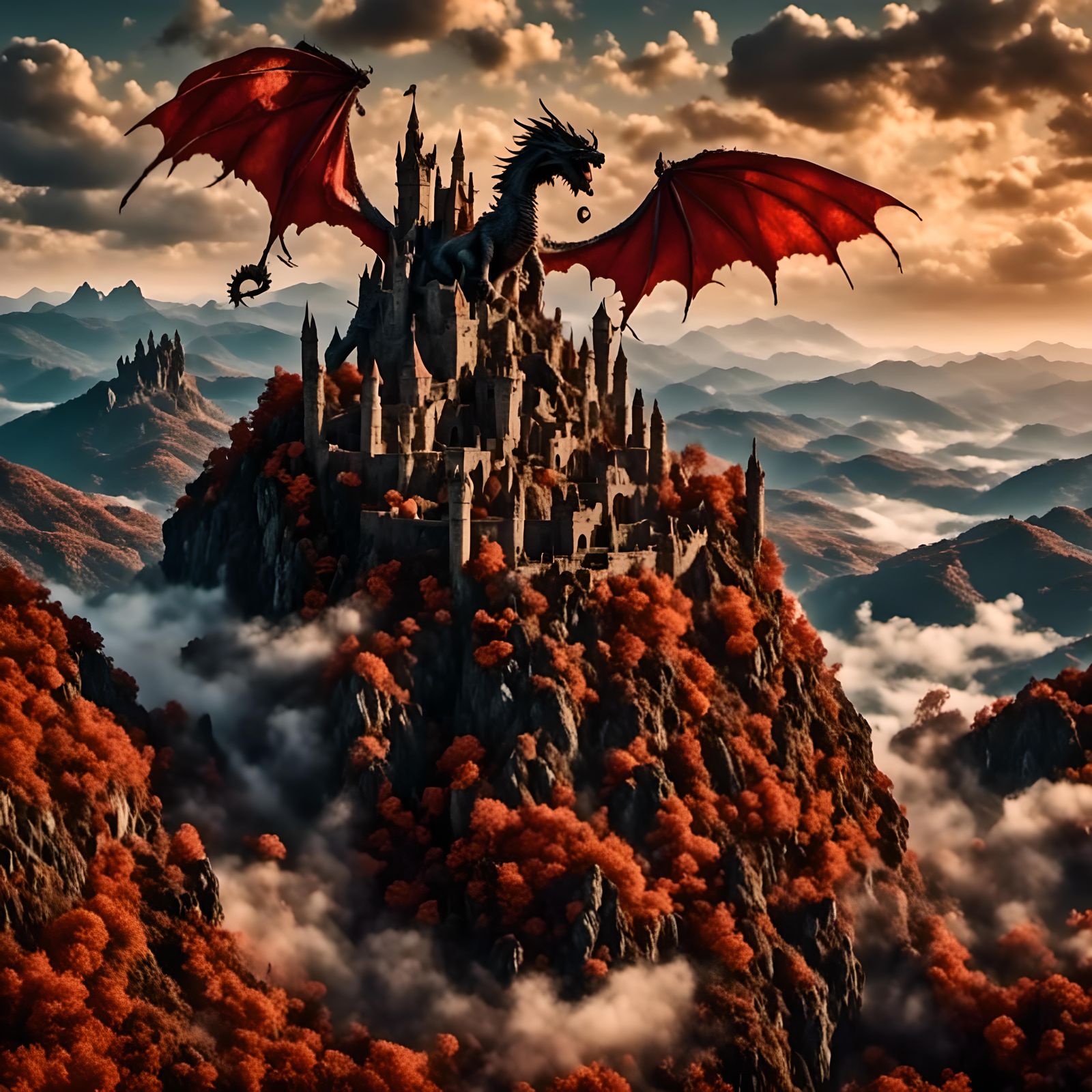 Dragons Attack Castle on Mountain: Matte Painting
