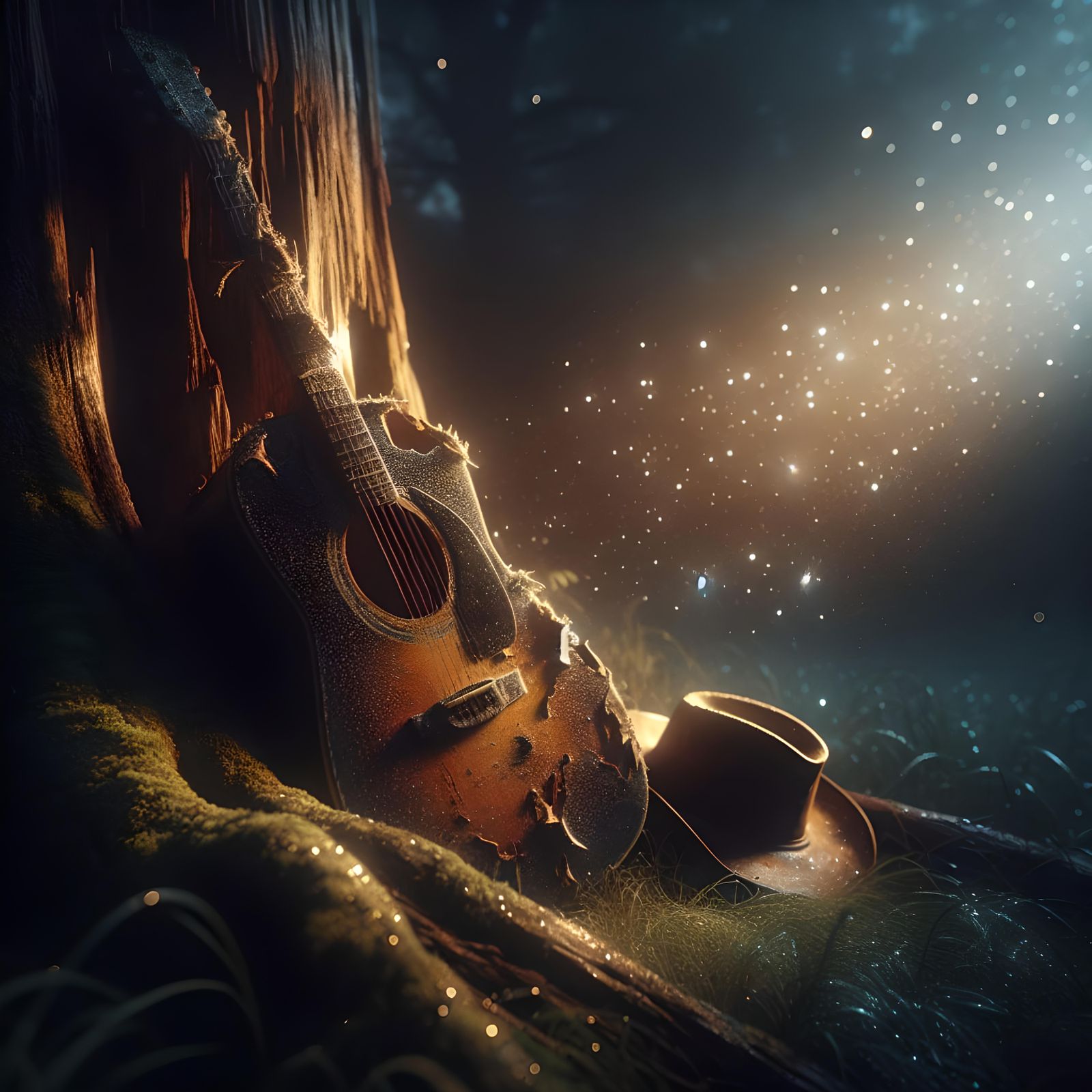 Melancholy Night Scene with Guitar and Cowboy Hat