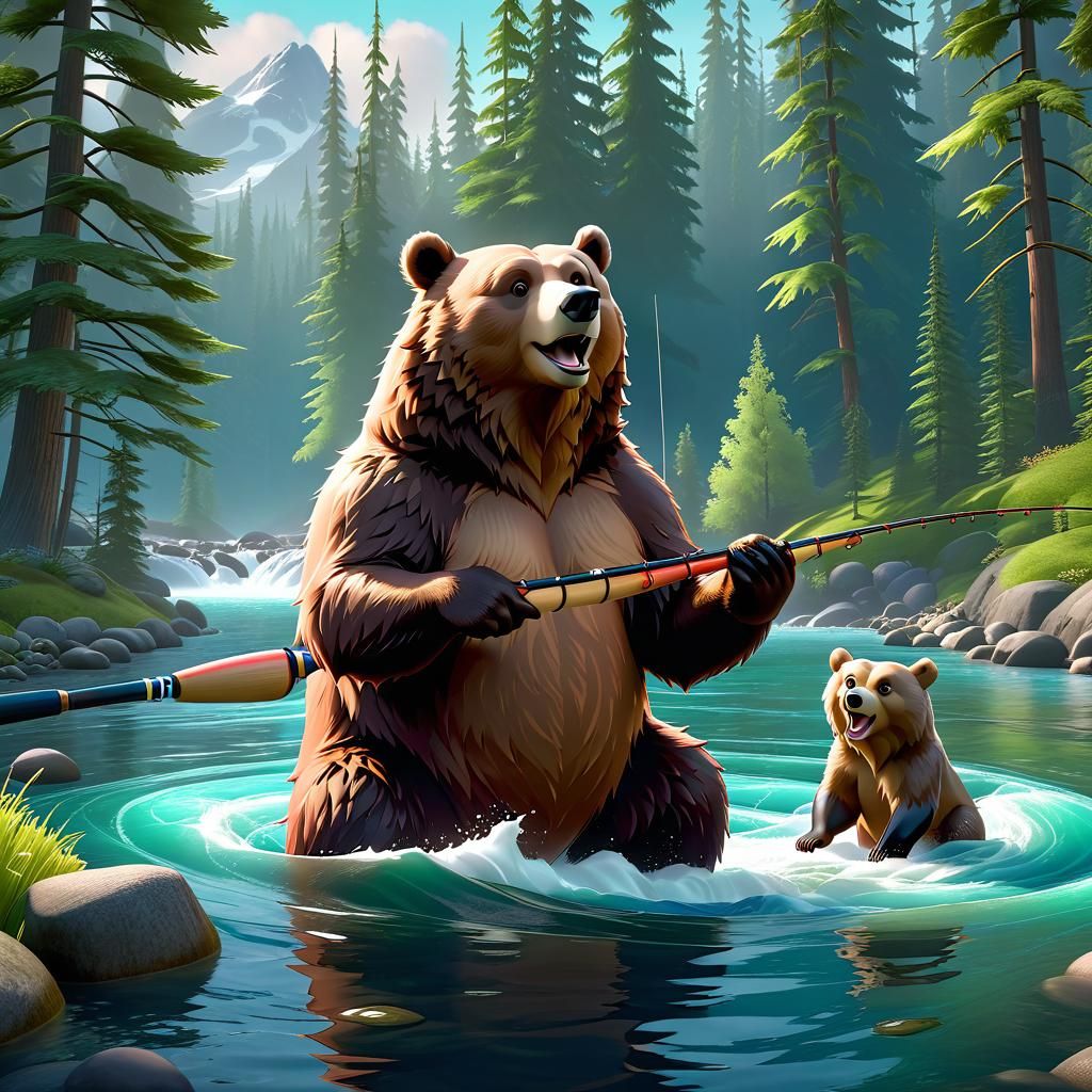 Papa Bear Fishing with Cubs: 3D Digital Art