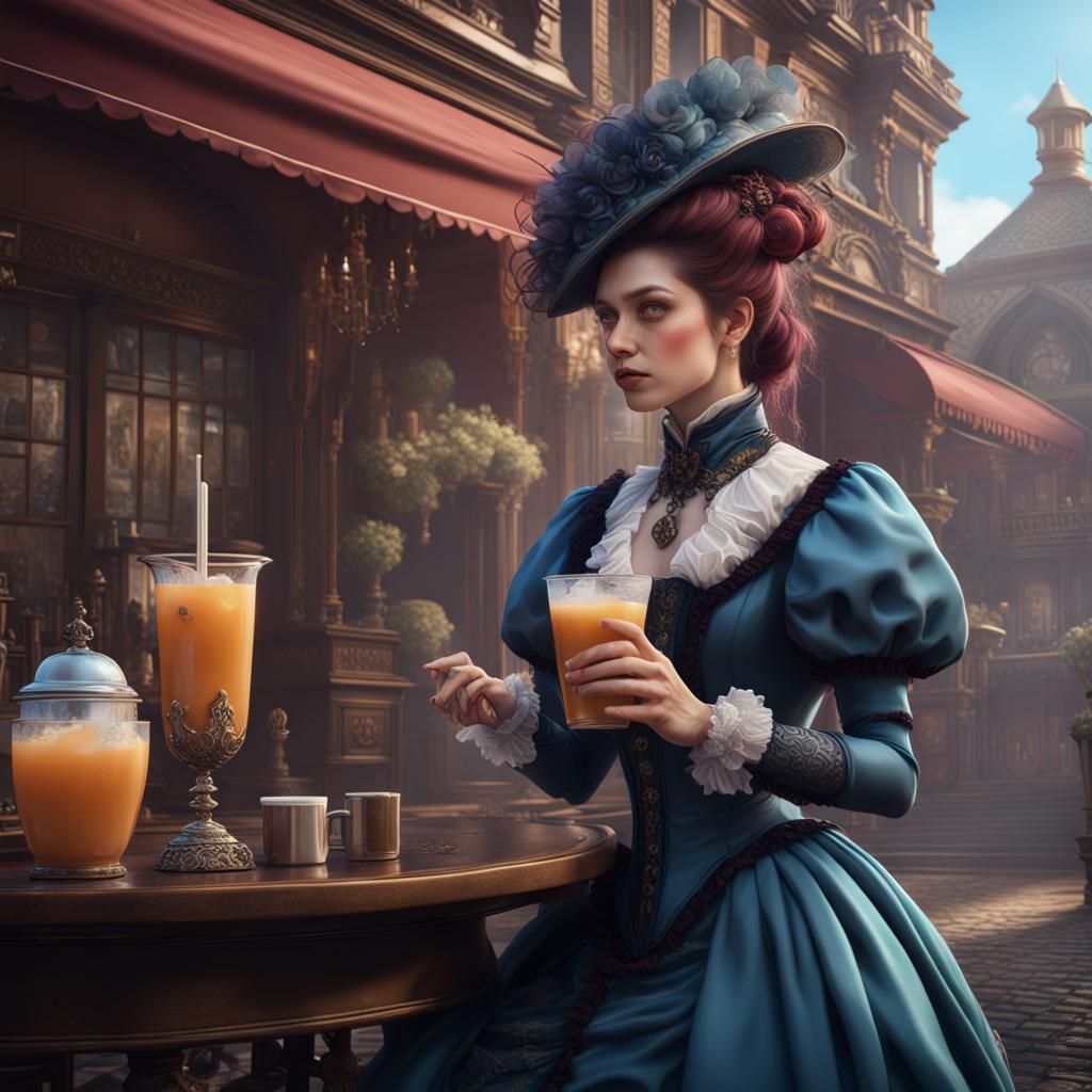 Victorian Woman Enjoying Bubble Tea in Detailed Painting