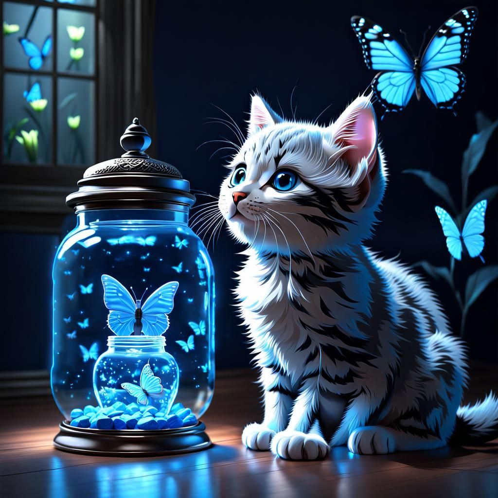 Blue Kitten and Magic Jar in Neon 3D Render
