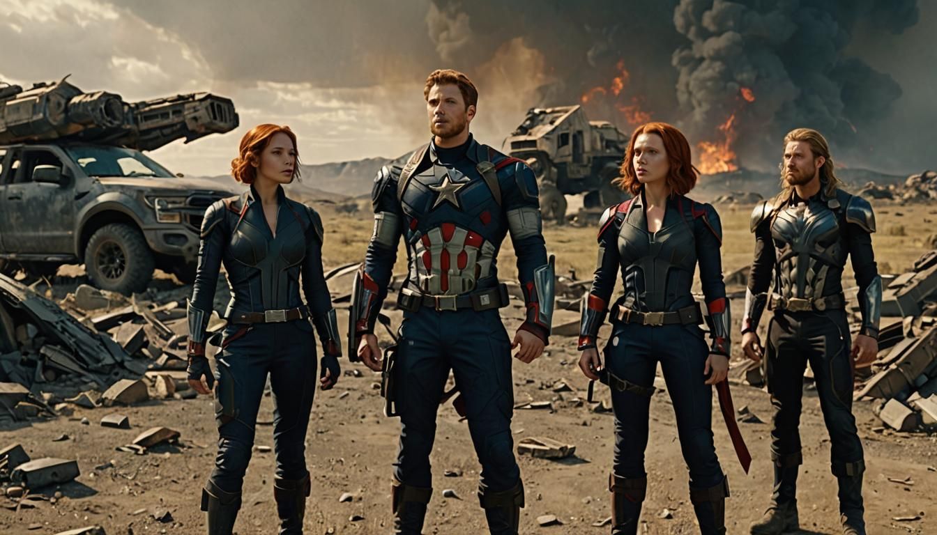 The Avengers United in War-Torn Landscape: Cinematic Still