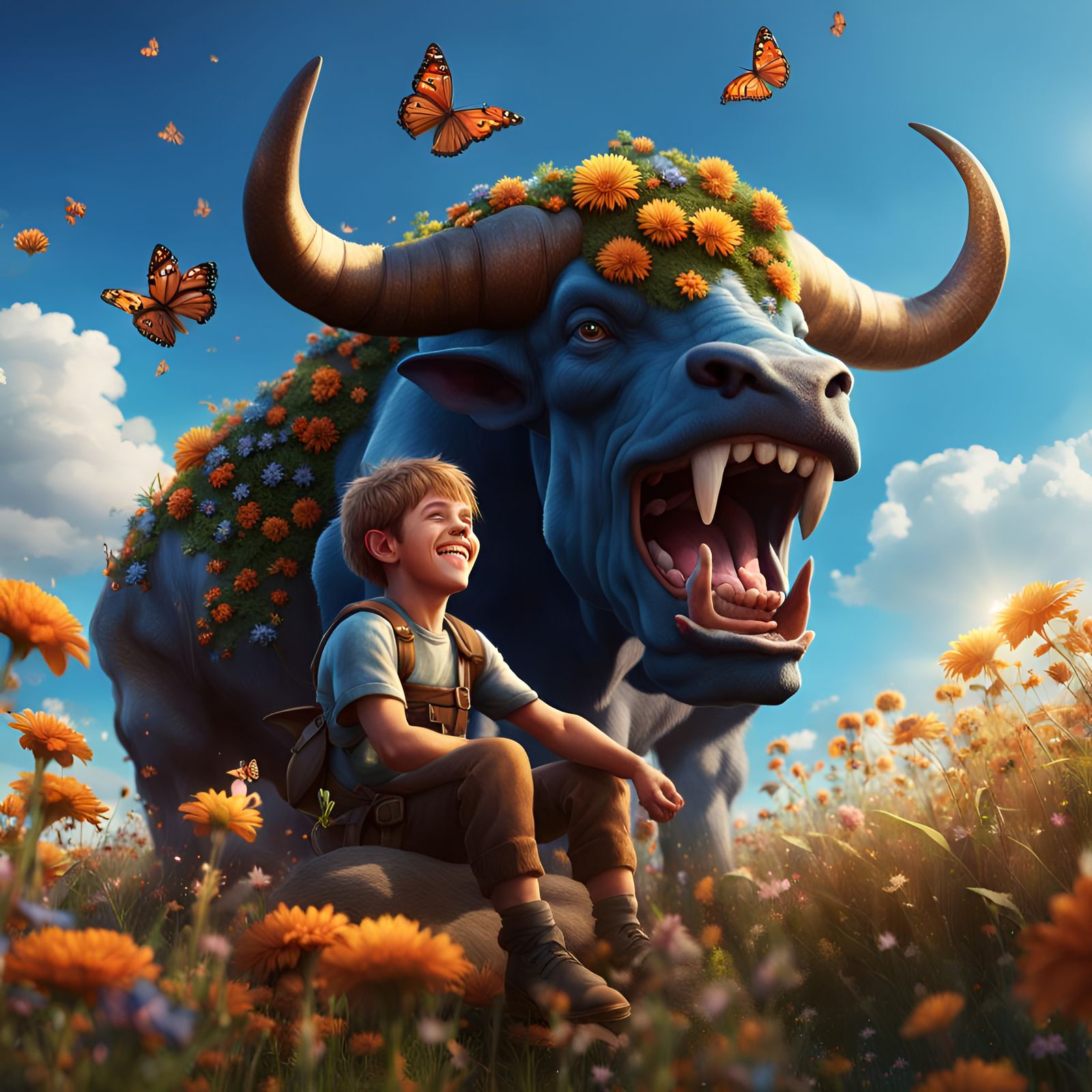 Laughing boy and his pet minotaur