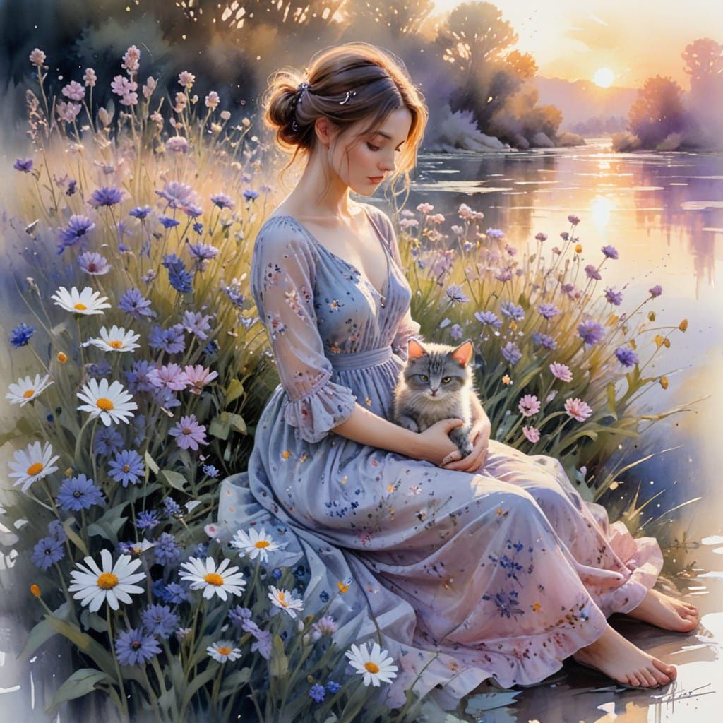 Golden Hour Meadow with Kitten, Impressionistic Style