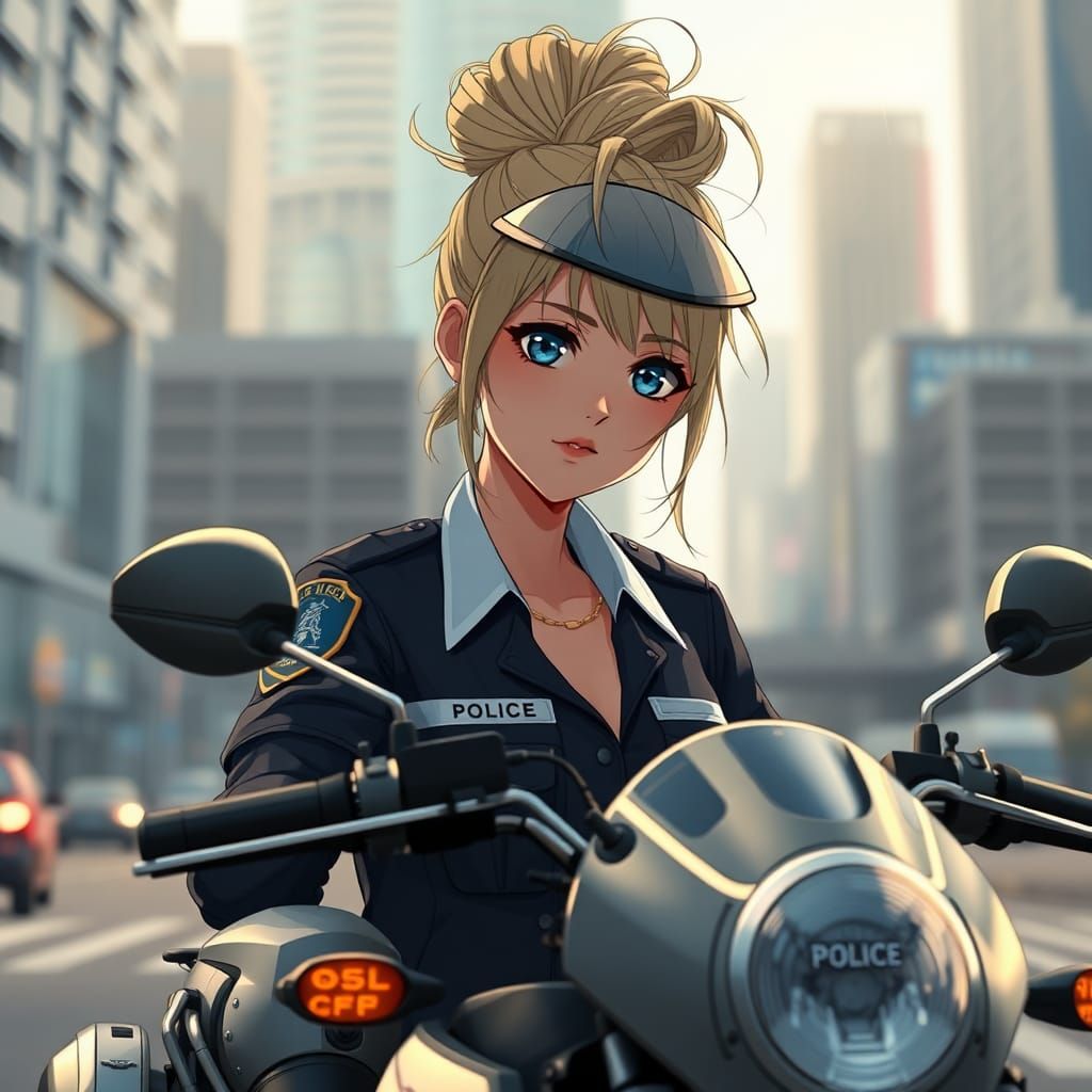 Anime Police Officer on Motorbike in Ghibli Style