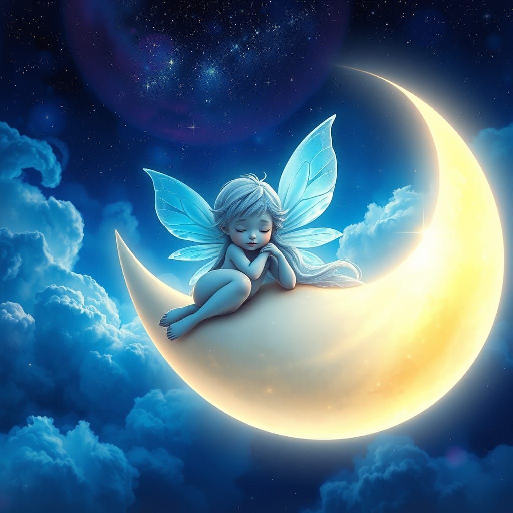 Serene Fairy on Glowing Lunar Landscape in Dreamy Digital Oi...