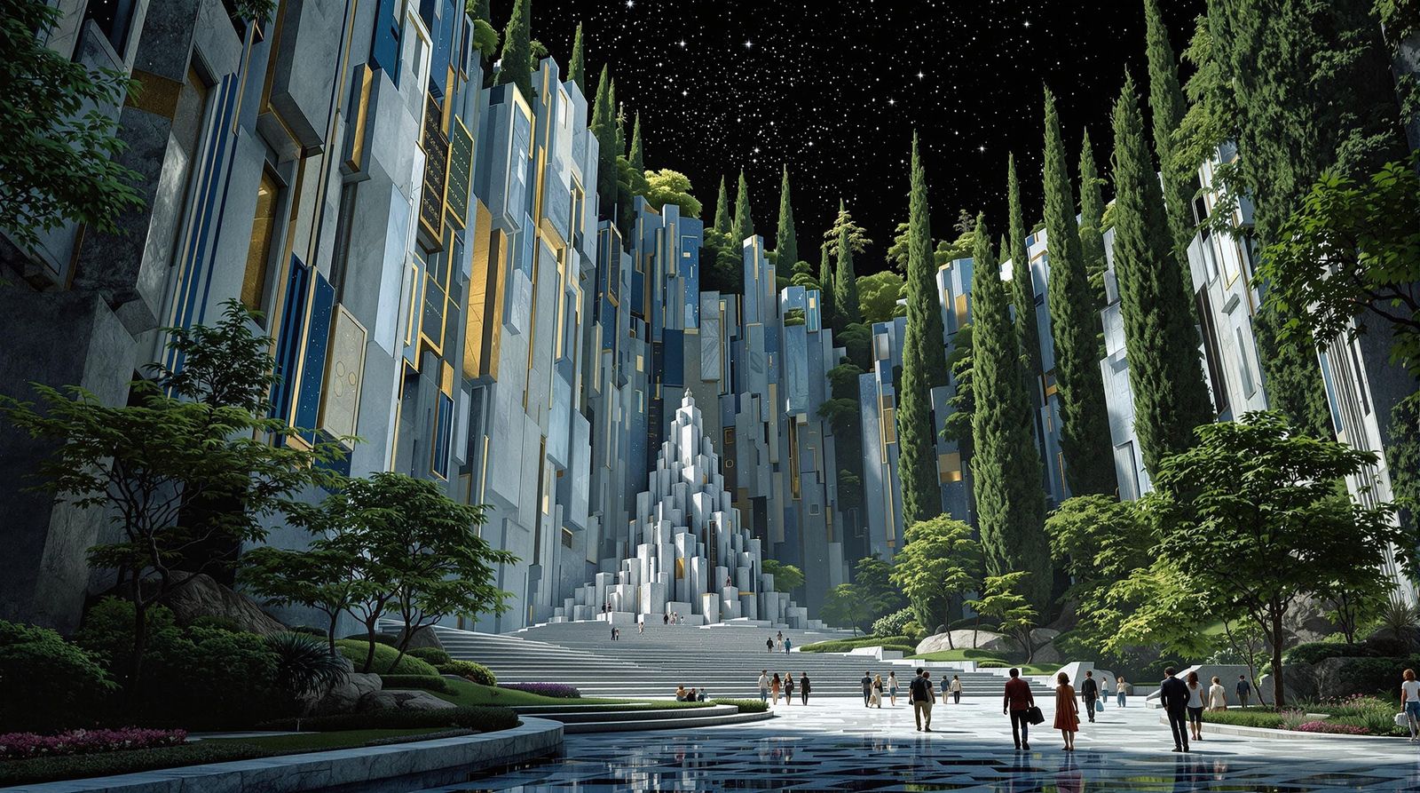 Klimt-Inspired Sci-Fi Park Under Starry Sky