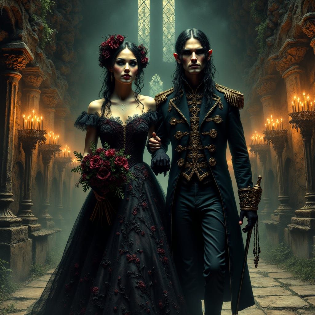 Gothic Bride and Groom in Ruined Hall