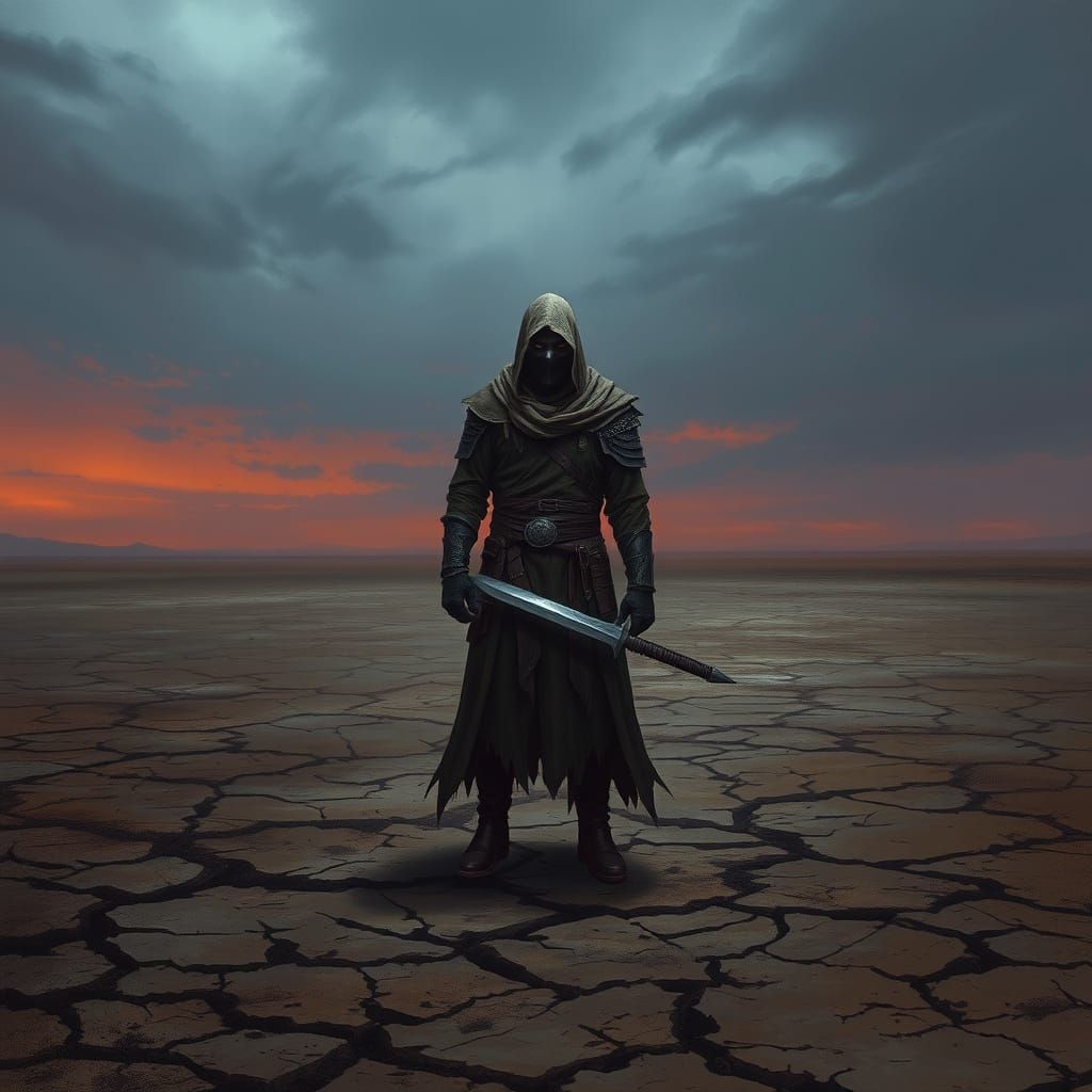 Desolate Figure on Windswept Plain in Dark Fantasy Style
