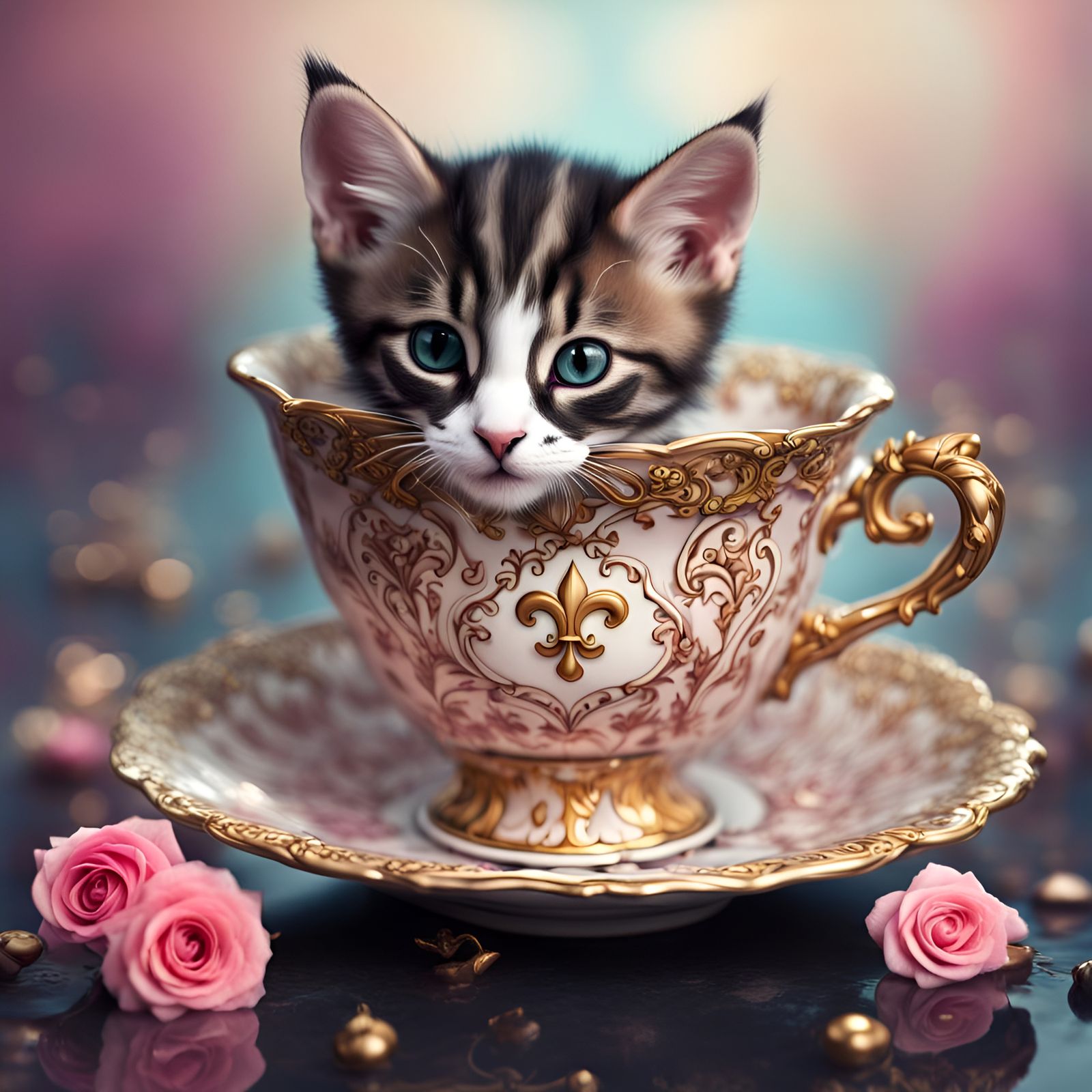 Cute Kitten in Teacup Hyperrealistic Concept Art