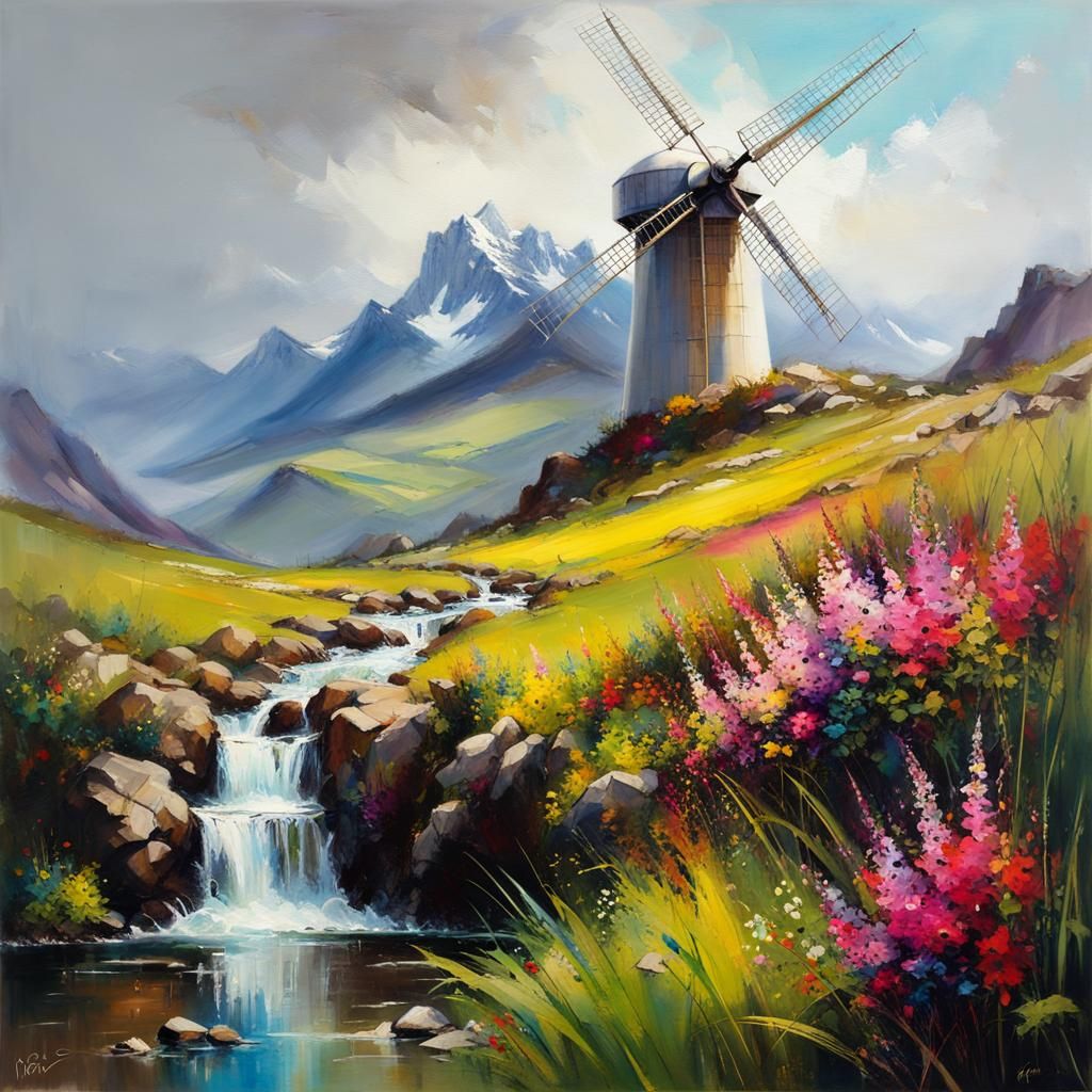 Wind Turbine Among Flowers in Mountain Landscape