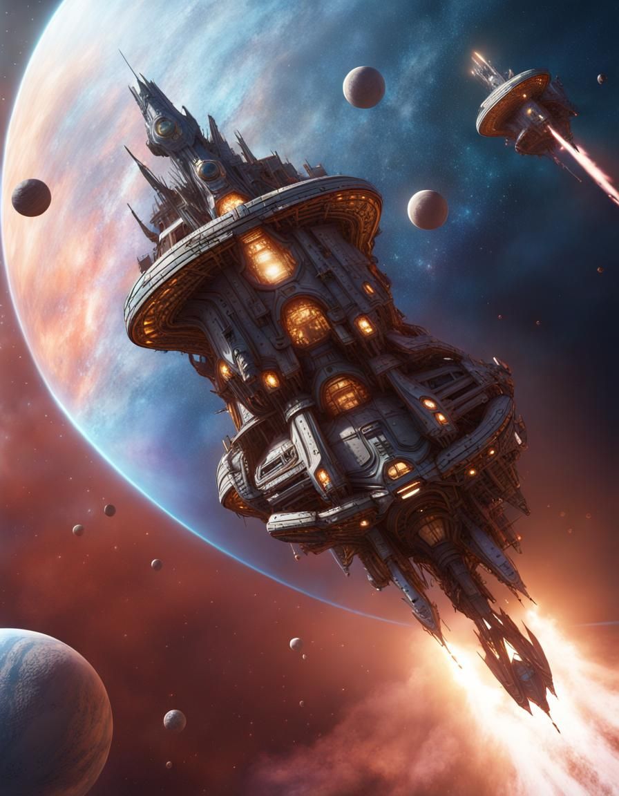 Starships in Starly Sky: Detailed Matte Painting