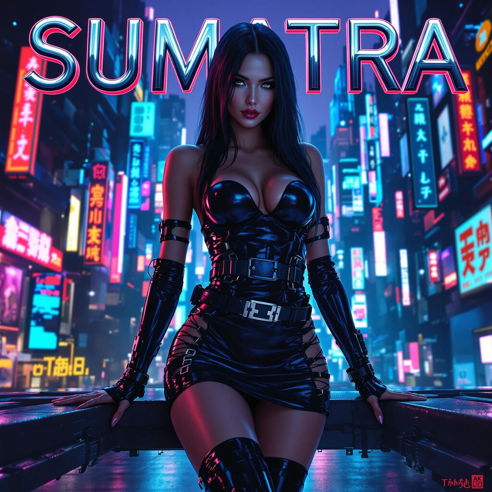 Cyberpunk Goddess on Magazine Cover in Neon-Lit Metropolis