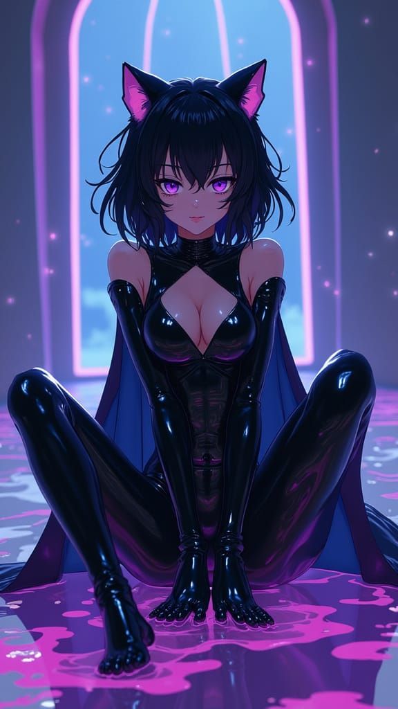 Anime Catgirl Melts in Bioluminescent Chamber