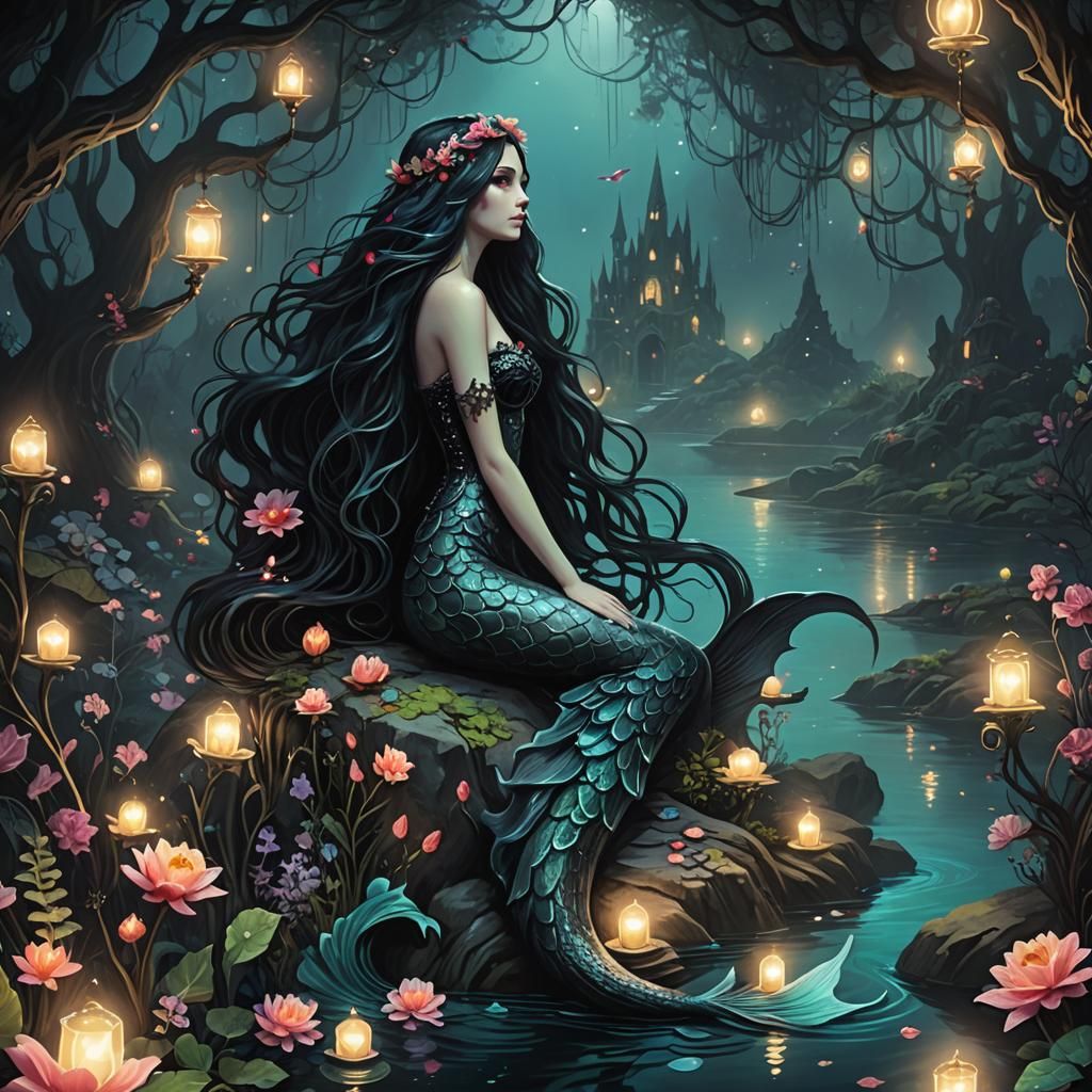 Gothic Mermaid in Enchanted Forest at Night