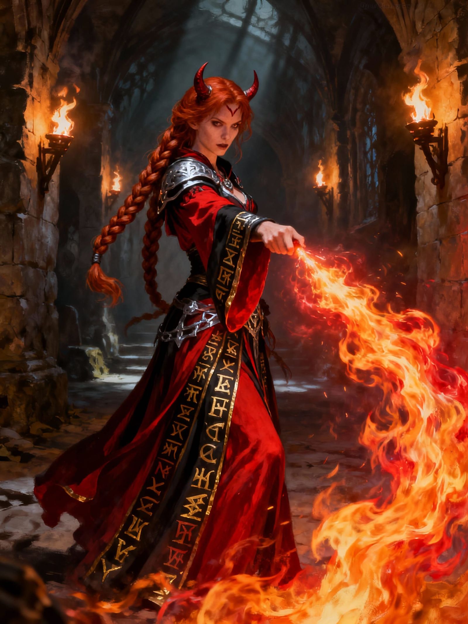 Female Warlock Casting Fire Spell in Crypt