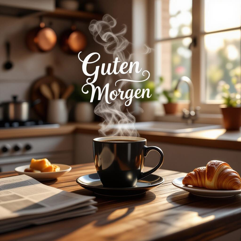 Morning Coffee Steam Forms "Guten Morgen" Text