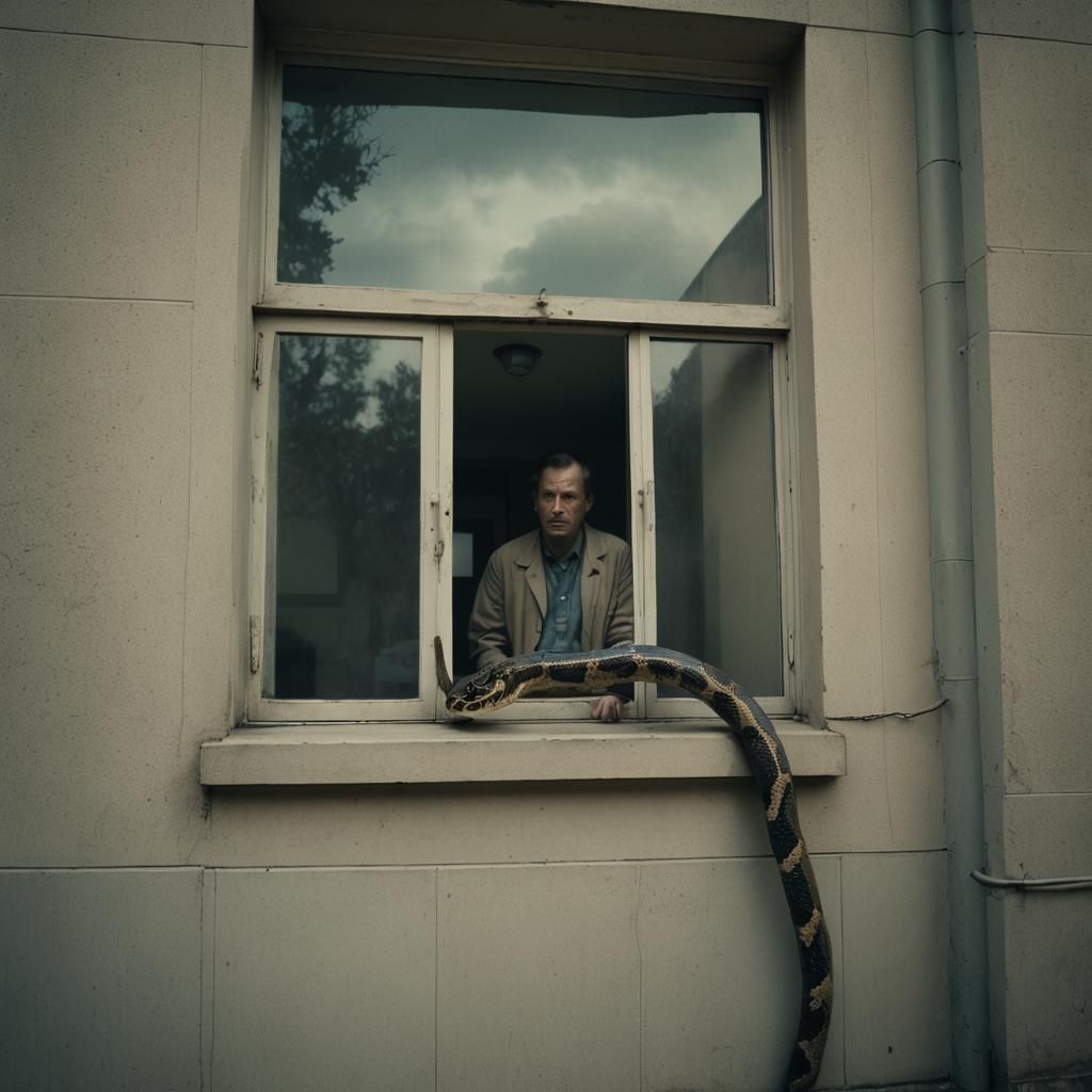 Man with Snake Head in Cinematic Hospital Scene