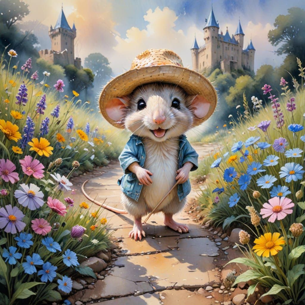 Whimsical Mouse Seeks Fortune on Cobblestone Path to Castle