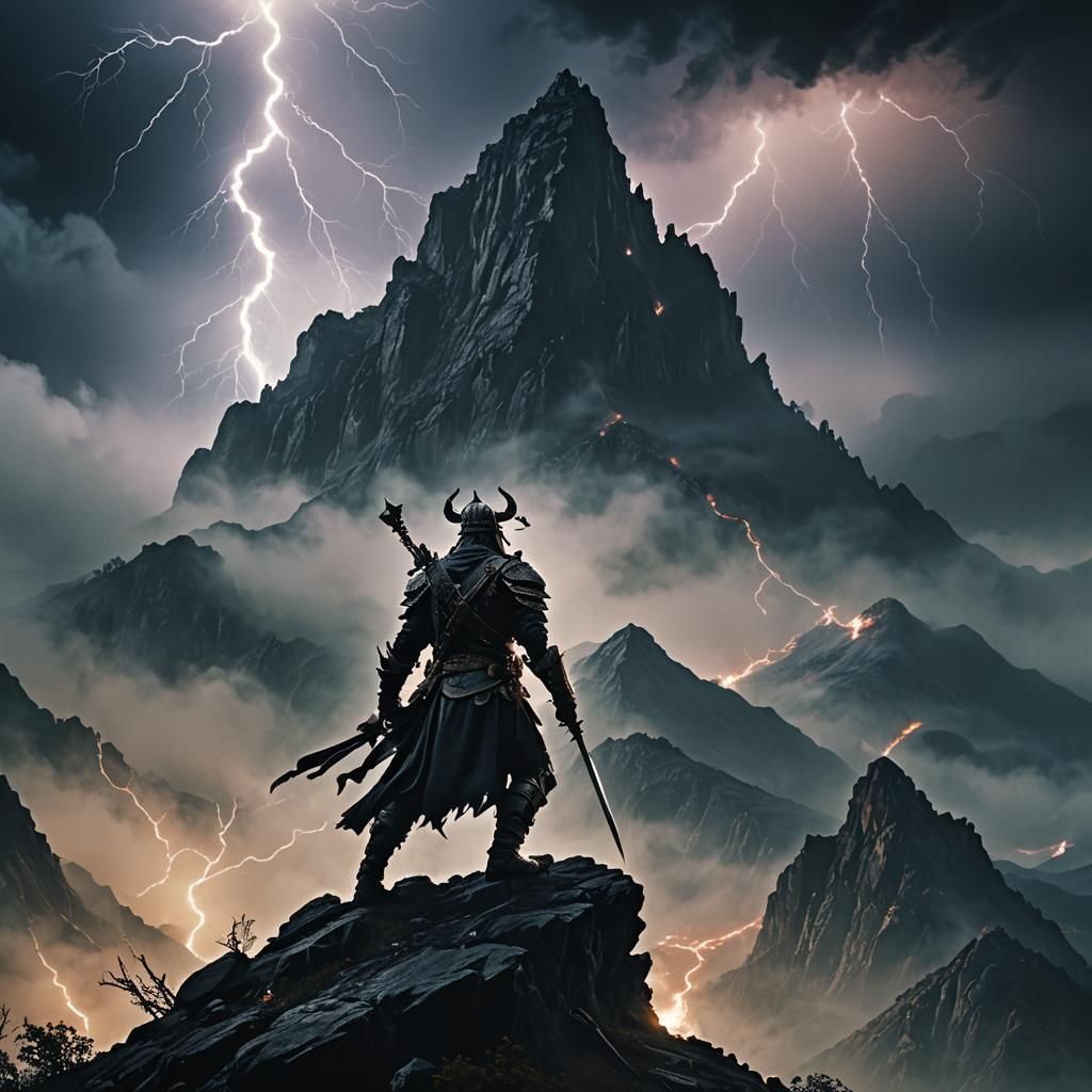 Warrior on Misty Mountain in Dark Fantasy Style
