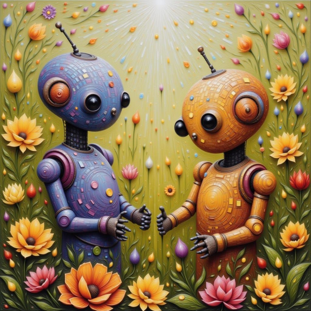 Cute Robots in Flower Garden: Geometric Art