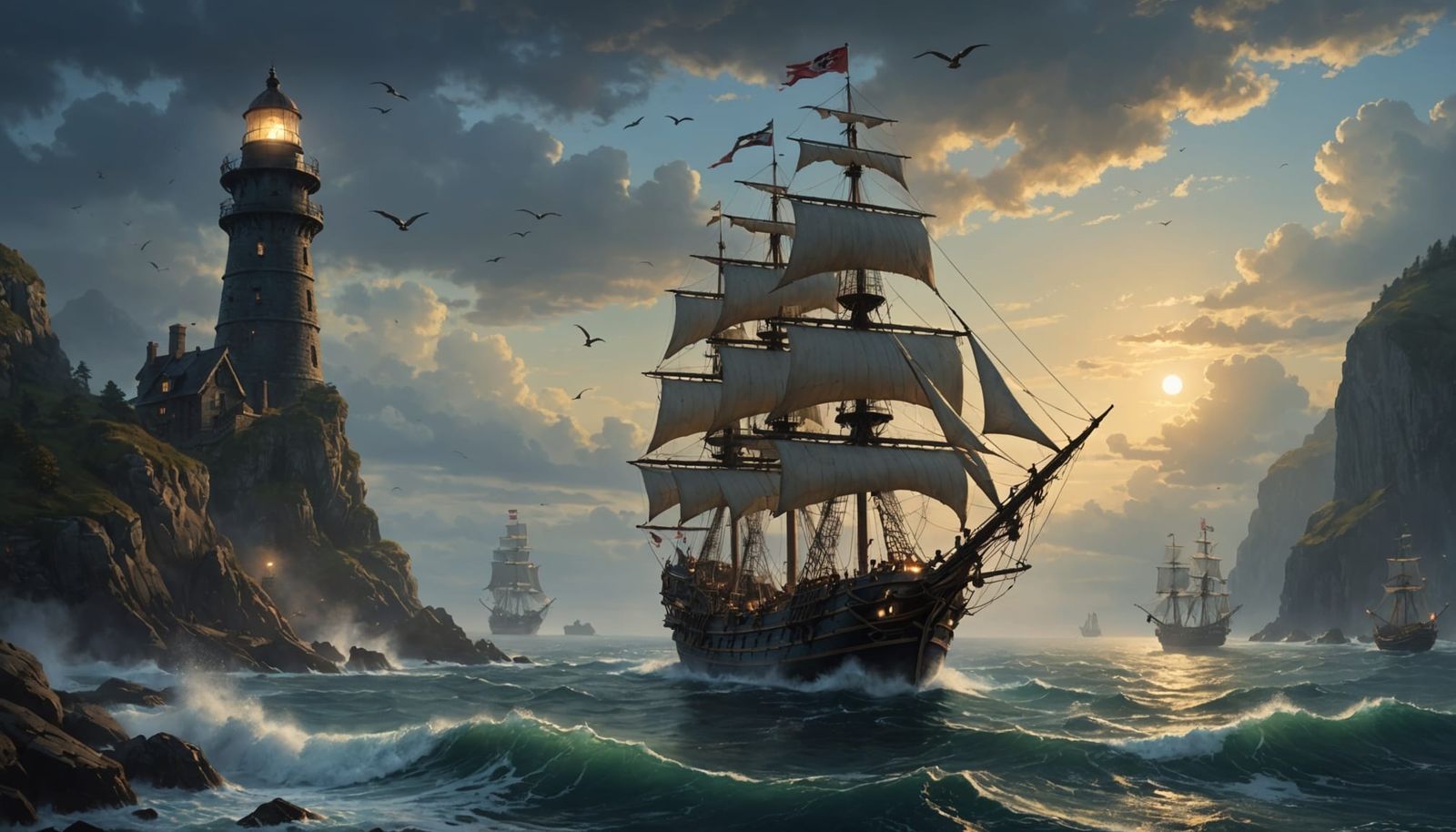 Pirate Ship Arrival Near Lighthouse: Watercolor Illustration