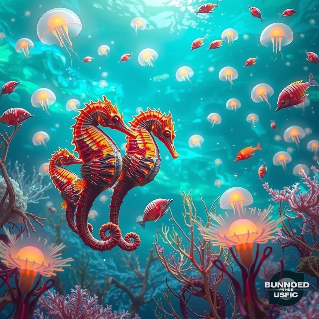 Seahorse Family in Glowing Blue Ocean Scene
