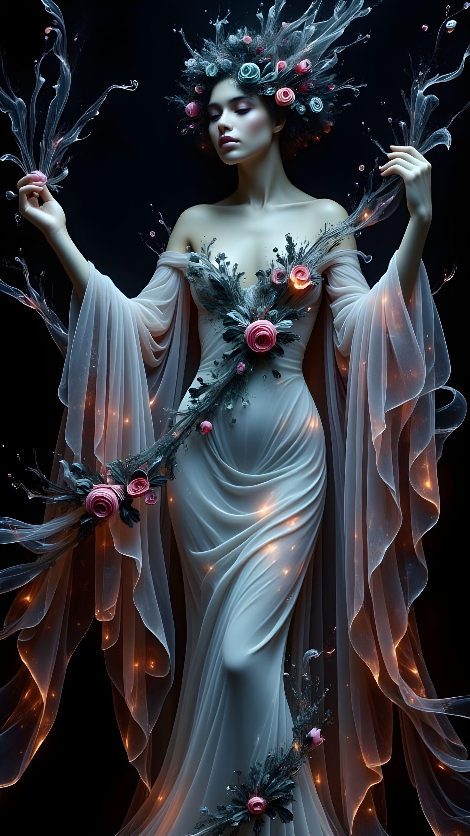 Ethereal Silk Gown Portrait in Dark Fantasy Style