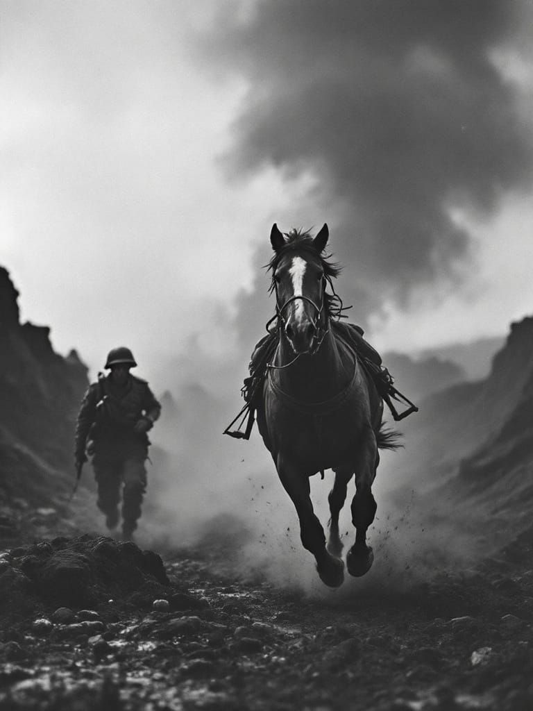 Soldier's Horse Runs Through Smoke in Gritty Monochrome