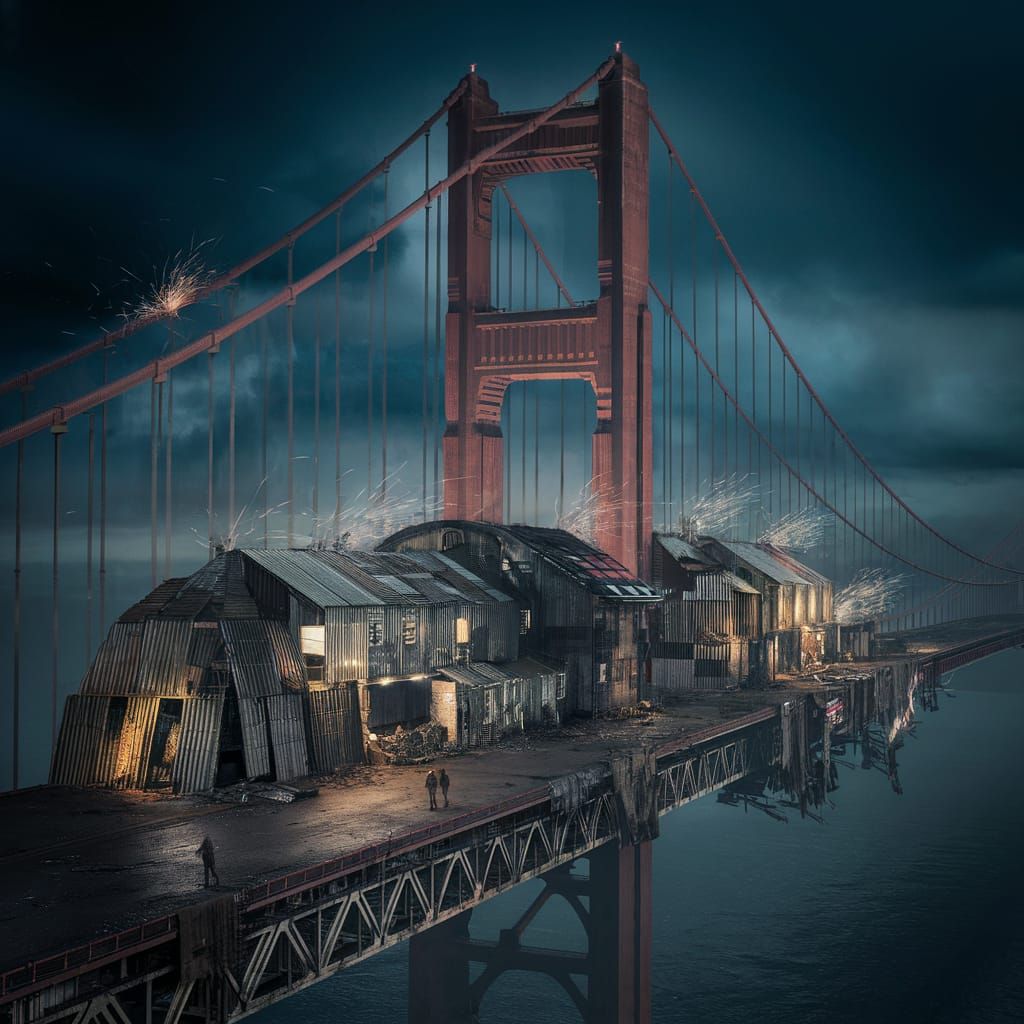 Dystopian Golden Gate Bridge in Cyberpunk Style