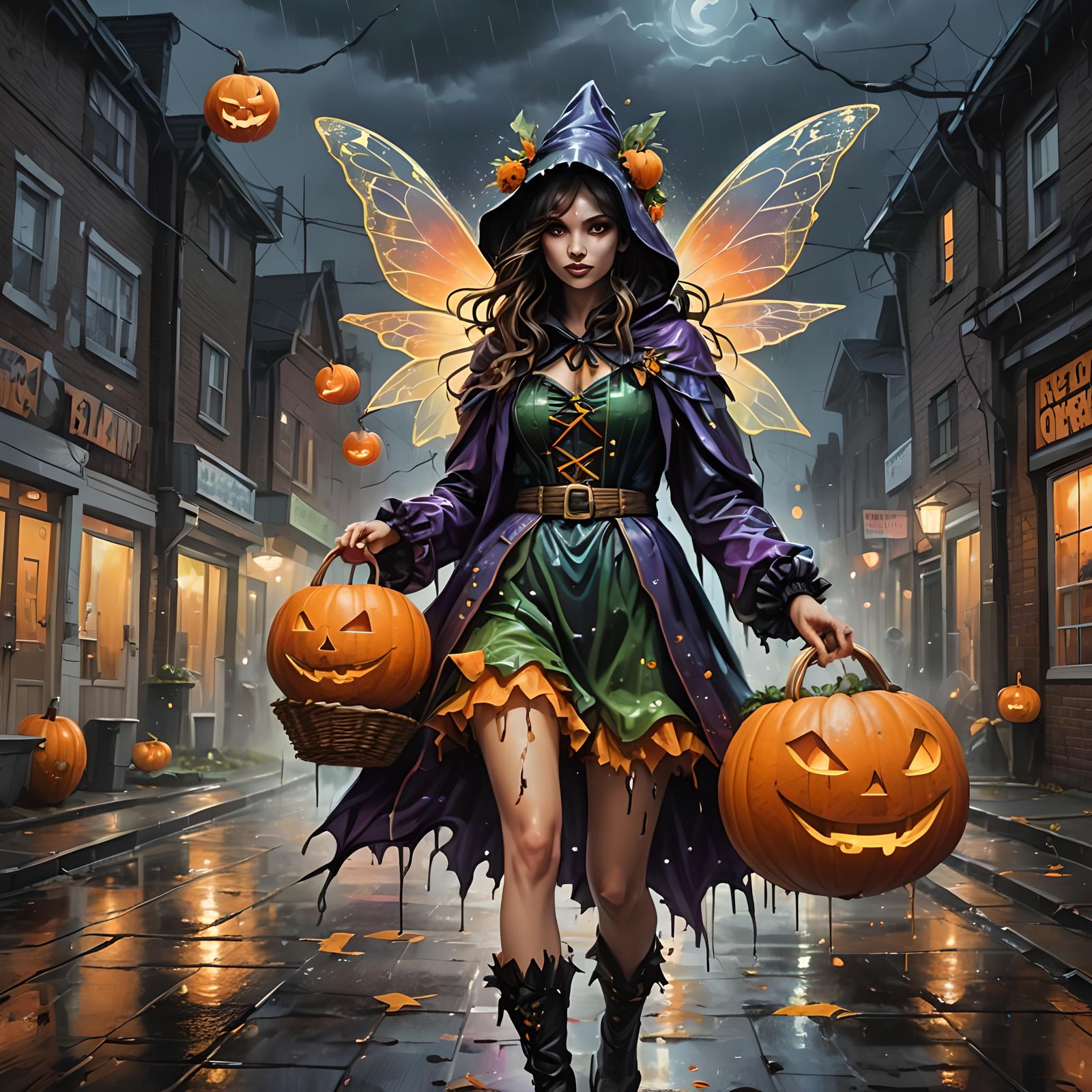 Fairy Costume Woman Trick or Treating in Graffiti Art