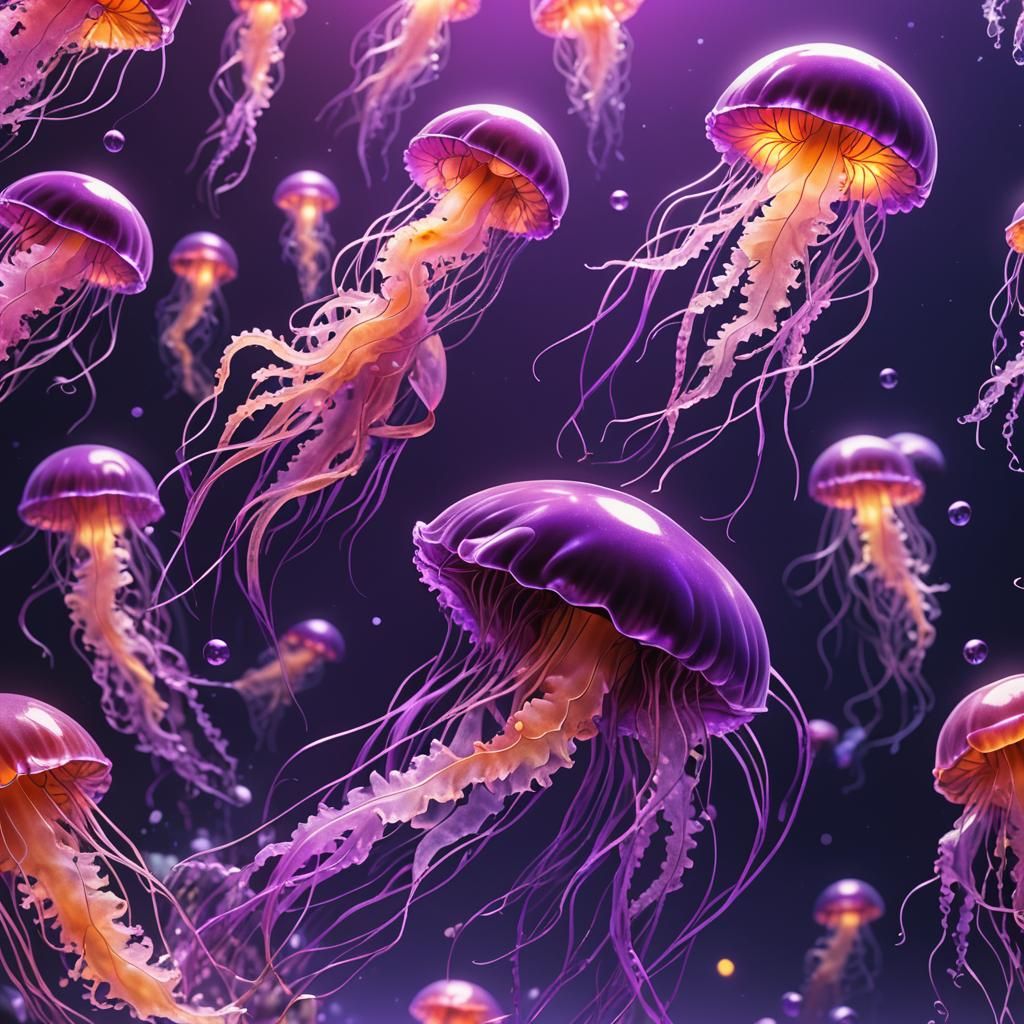 Neon Jellyfish in Violet Dreamscape: Photorealistic Artwork
