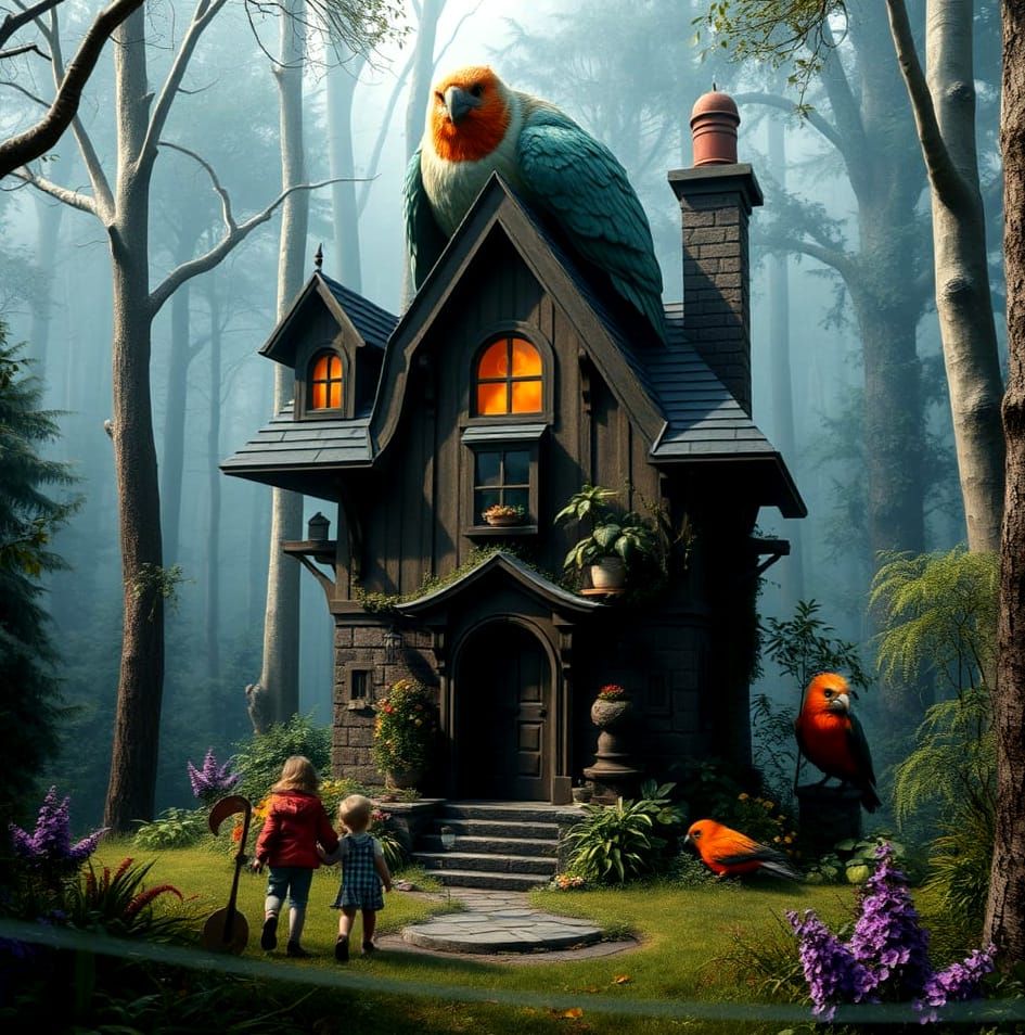 Fantastic Bird Over Whimsical Birdhouse in Forest