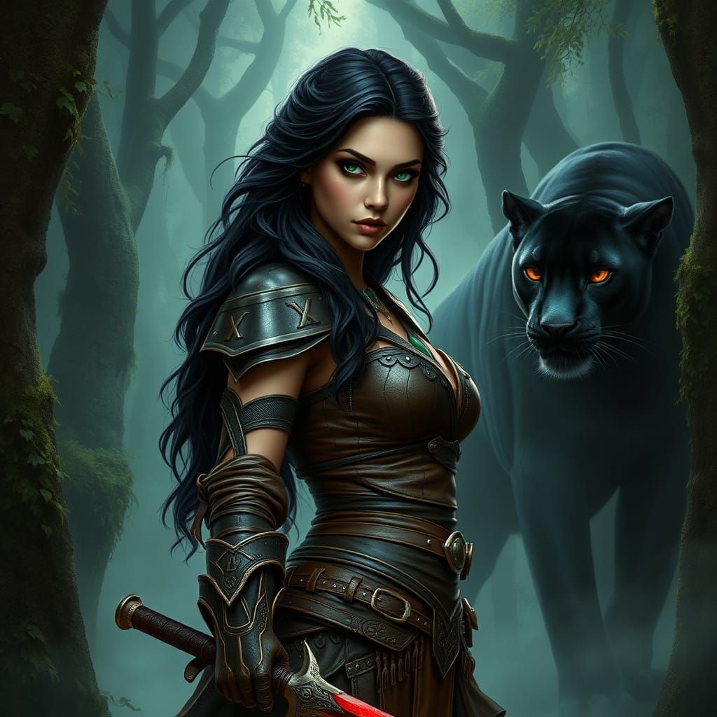Sensual Princess Teegra in Ancient Forest, Wielding Bloody S...