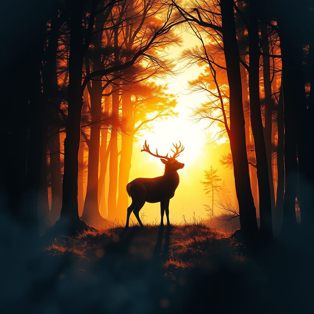Majestic Deer Silhouette in Mystical Forest at Golden Hour