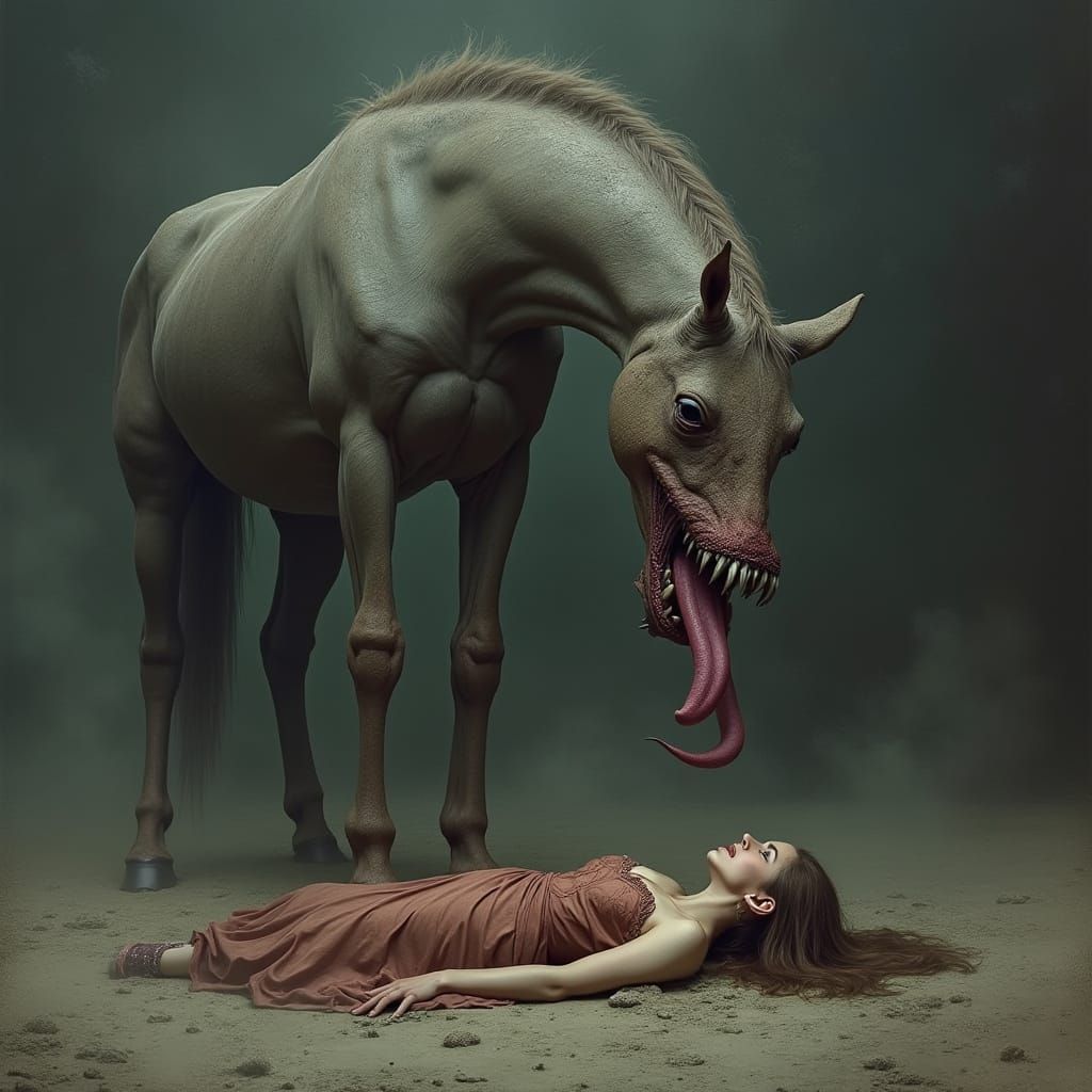 Demonic Horse Ominous Encounter in Dark Surrealist Style