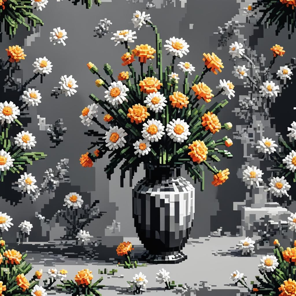 Macro Pixel Art Flower Vase in 8-bit Style