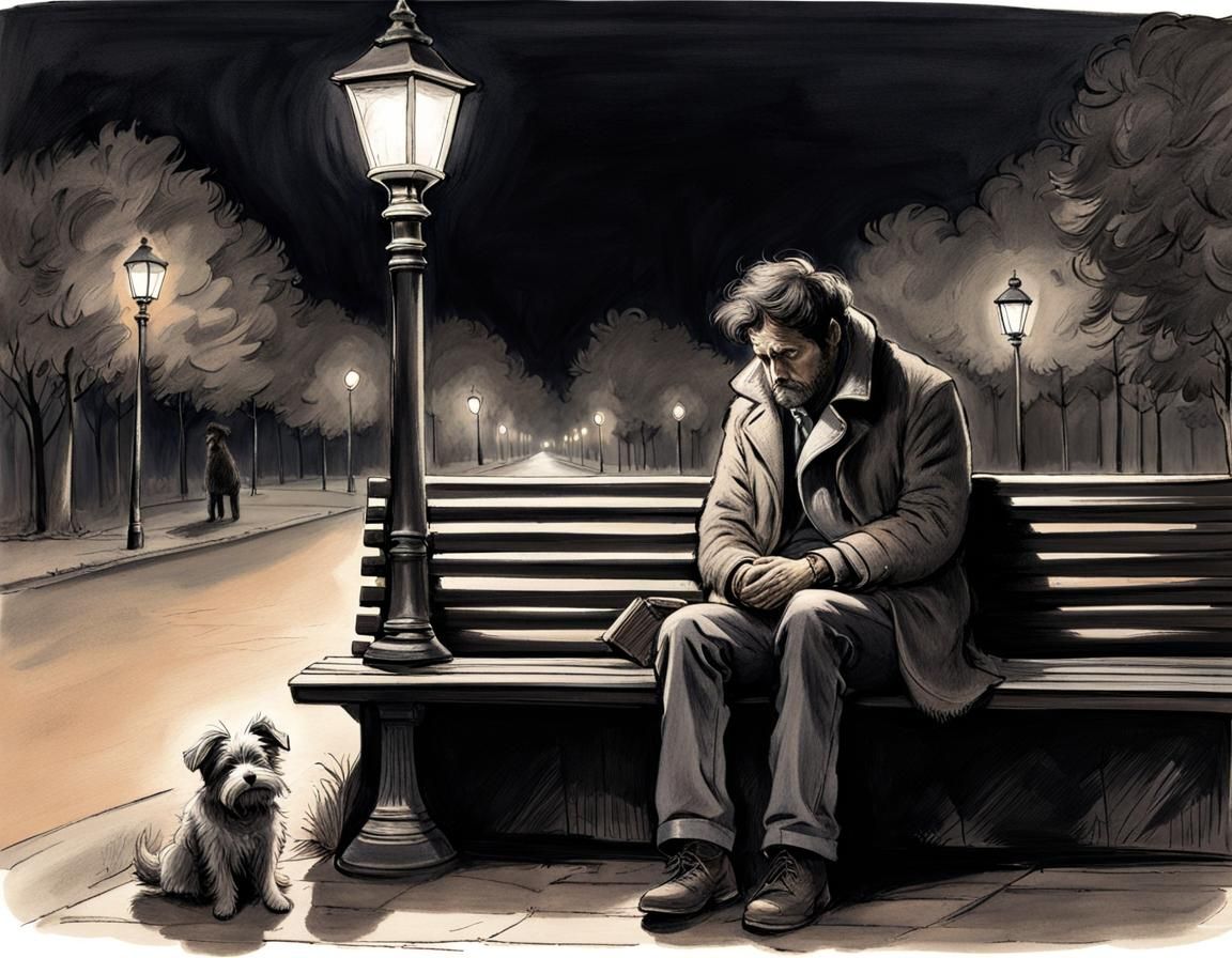 Gloomy Night: Man and Dog in Pastel Pencil Sketch