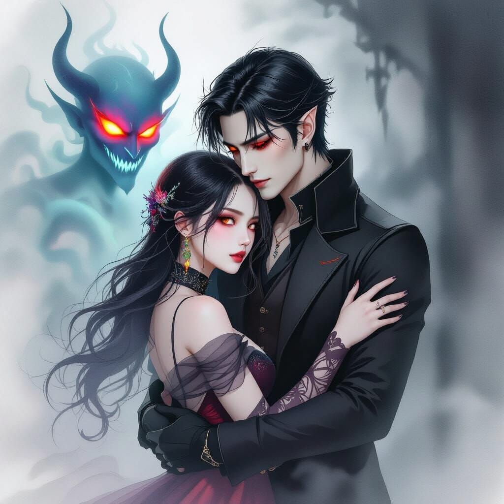 Ethereal Woman and Vampire in Watercolor Style