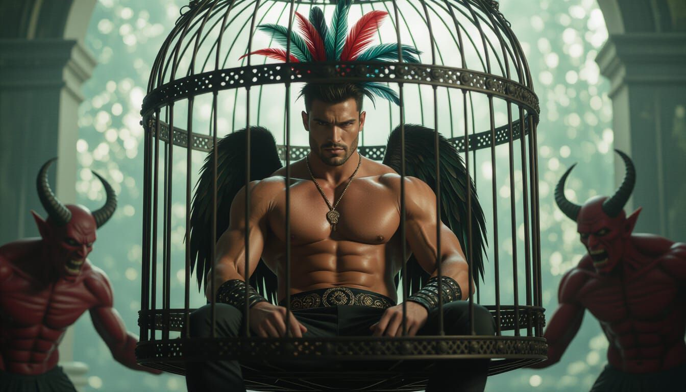 Muscular Man with Feather Hair Tormented by Demons in Birdca...