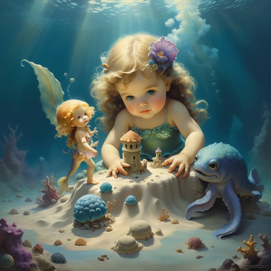 Mermaid Child Builds Sandcastle, Parrish Style